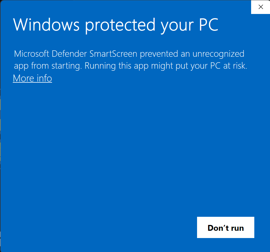 Windows SmartScreen prompt — click More info