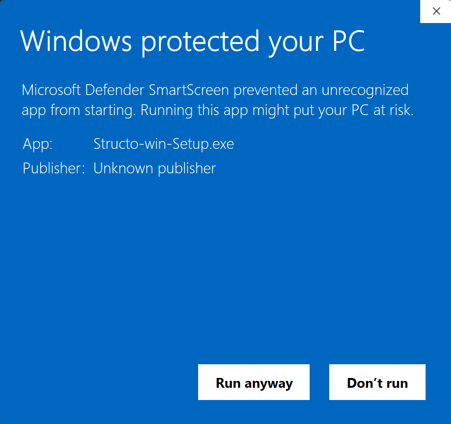 Windows SmartScreen prompt — click Run anyway